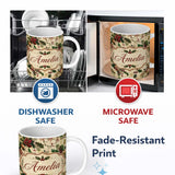 Personalized Custom Name Classic Christmas Floral Holly Berries Pine Leaves Vintage Seamless 11oz Ceramic Coffee Tea Mug White Large Handle