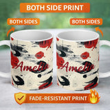 Personalized Custom Name Decorative Japanese Bento Box Lids with Floral and Wave Patterns 11oz Ceramic Coffee Tea Mug White Large Handle