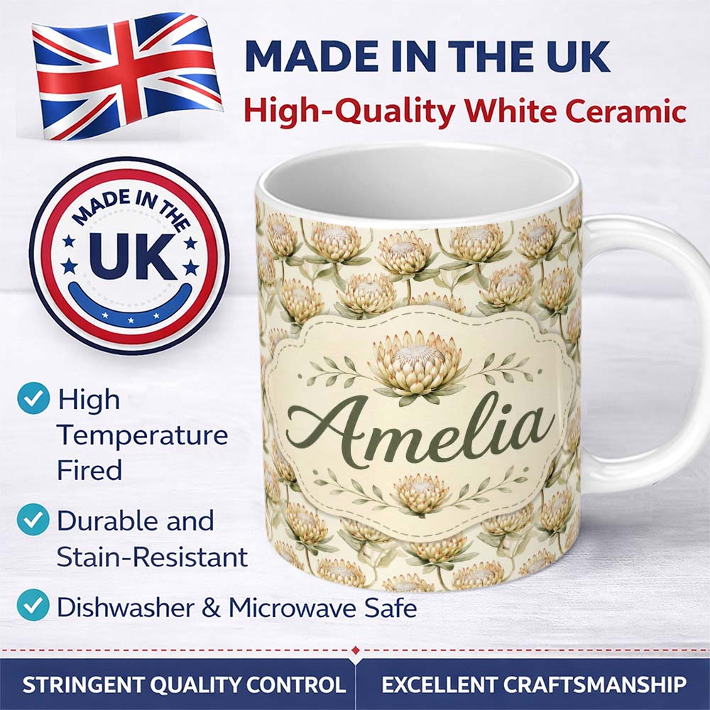Personalized Custom Name Cream Protea Botanical Floral Seamless Pattern Perfect Gift for Her 11oz Ceramic Coffee Tea Mug White Large Handle