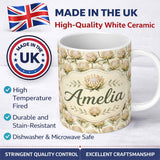 Personalized Custom Name Cream Protea Botanical Floral Seamless Pattern Perfect Gift for Her 11oz Ceramic Coffee Tea Mug White Large Handle