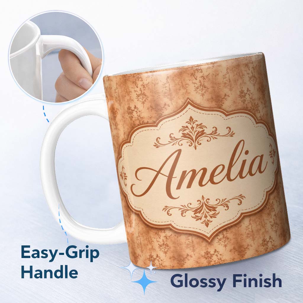 Personalized Custom Name Vintage Brown Floral Damask Texture Seamless Pattern Lovely 11oz Ceramic Coffee Tea Mug White Large Handle