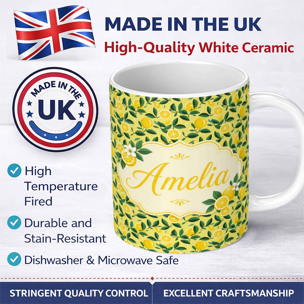 Personalized Custom Name Modern Flat Style Lemon Slices and Leaves on Yellow Background 11oz Ceramic Coffee Tea Mug White Large Handle