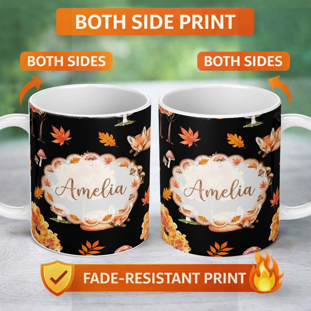 Personalized Custom Name Autumn Fox Mushroom Forest Pattern Perfect Gift for Her Lovely 11oz Ceramic Coffee Tea Mug White Large Handle