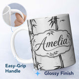 Personalized Custom Name Minimalist Black Bamboo with Soft Mist Background Japanese Ink Style 11oz Ceramic Coffee Tea Mug White Large Handle