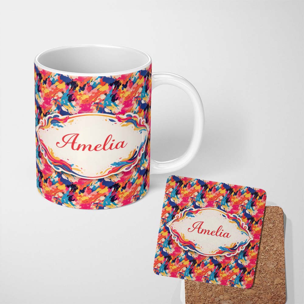 Personalized Custom Name Neon Paint Splash Dark Background Abstract Pattern Cute Unique Gift 11oz Ceramic Coffee Tea Mug White Large Handle