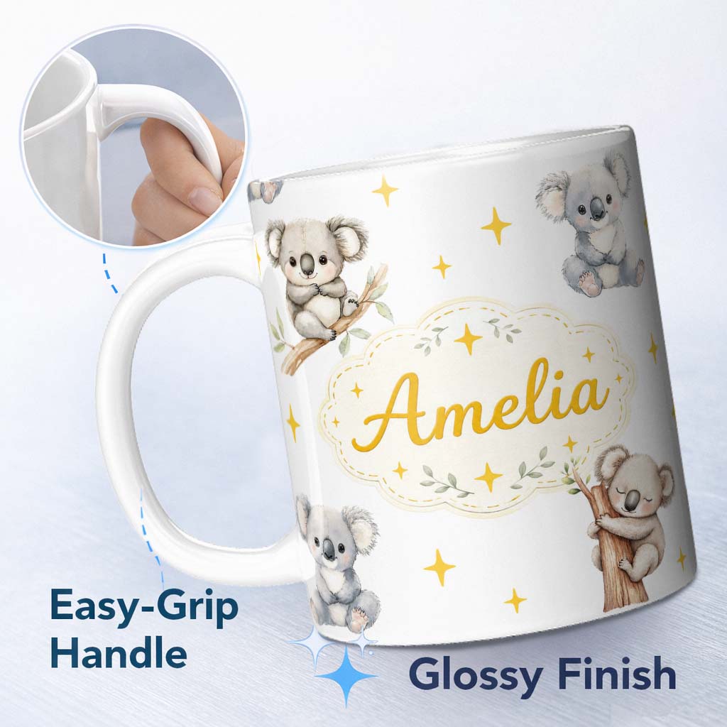 Personalized Custom Name Cute Baby Koala Bears with Yellow Stars on Light Grey Background 11oz Ceramic Coffee Tea Mug White Large Handle