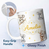 Personalized Custom Name Cute Baby Koala Bears with Yellow Stars on Light Grey Background 11oz Ceramic Coffee Tea Mug White Large Handle