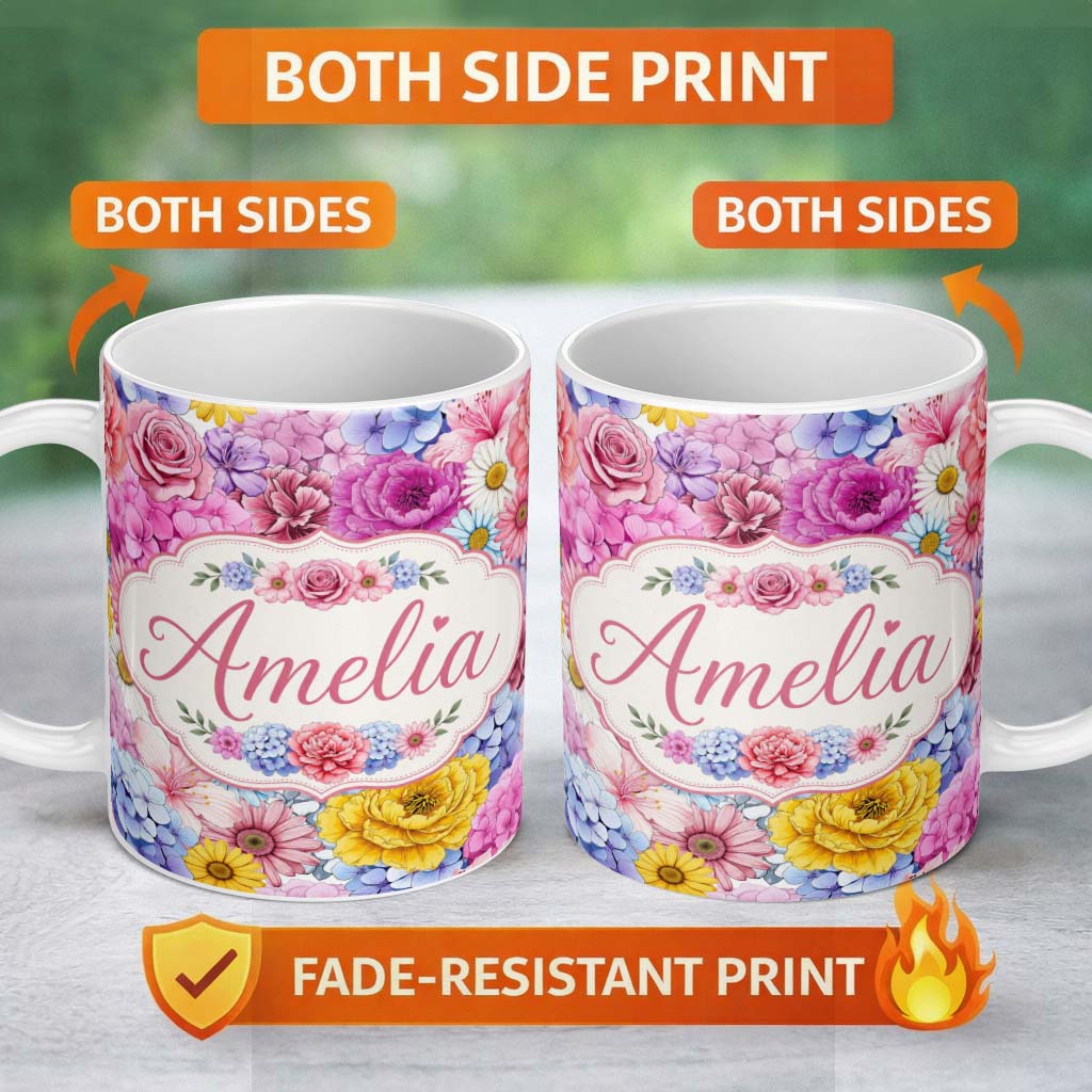 Personalized Custom Name Elegant Pink Floral Roses Peony Hydrangea Seamless Pattern Name Cute 11oz Ceramic Coffee Tea Mug White Large Handle