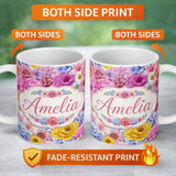 Personalized Custom Name Elegant Pink Floral Roses Peony Hydrangea Seamless Pattern Name Cute 11oz Ceramic Coffee Tea Mug White Large Handle