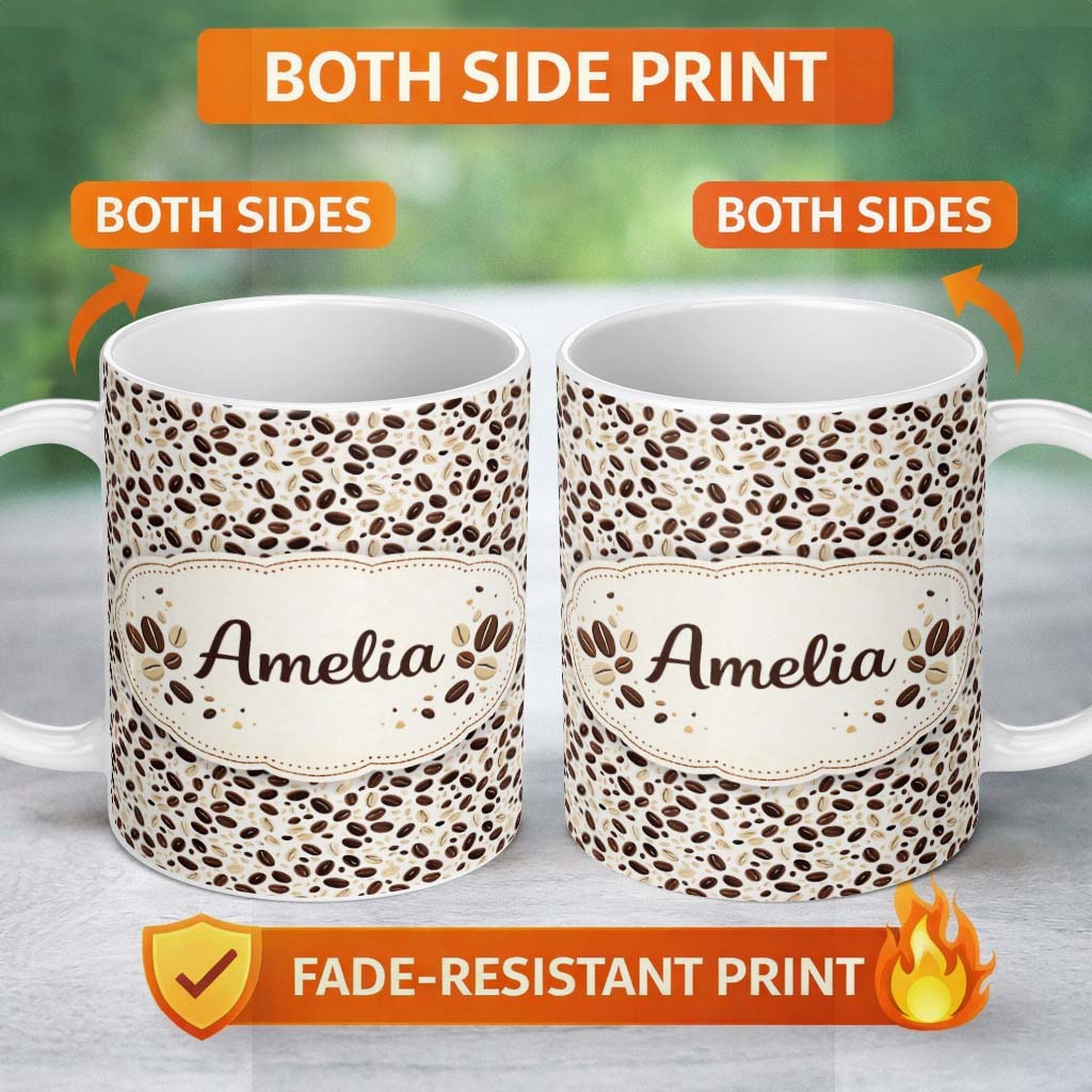 Personalized Custom Name Festive Christmas Tree Decorative Pattern Beige Seamless Pattern 11oz Ceramic Coffee Tea Mug White Large Handle