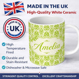 Personalized Custom Name Ornate Green Damask Style Pattern on Light Background Seamless 11oz Ceramic Coffee Tea Mug White Large Handle