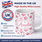 Personalized Custom Name Stylish Pink Baubles Stars Holiday Decoration Seamless Pattern 11oz Ceramic Coffee Tea Mug White Large Handle