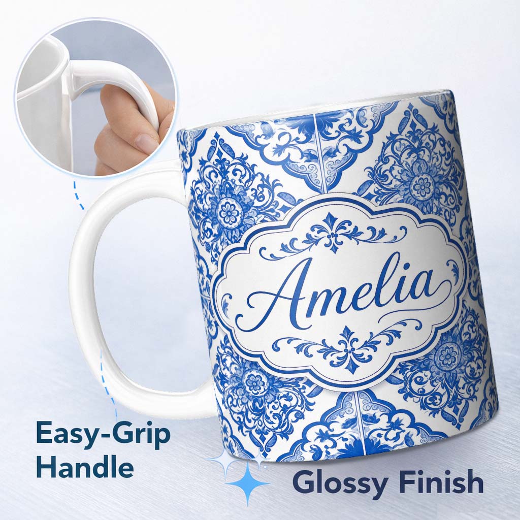Personalized Custom Name Blue Portuguese Azulejo Ornamental Tile Seamless Pattern Lovely 11oz Ceramic Coffee Tea Mug White Large Handle