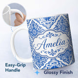 Personalized Custom Name Blue Portuguese Azulejo Ornamental Tile Seamless Pattern Lovely 11oz Ceramic Coffee Tea Mug White Large Handle
