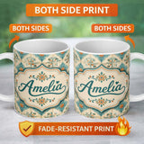 Personalized Custom Name Soft Aqua Blue Vintage Tile Pattern with Orange Floral Centres 11oz Ceramic Coffee Tea Mug White Large Handle