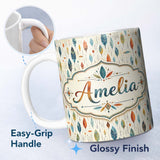 Personalized Custom Name Delicate Feather Leaves Scandinavian Style Seamless Pattern Design 11oz Ceramic Coffee Tea Mug White Large Handle