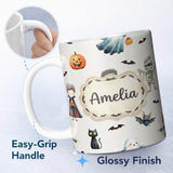 Personalized Custom Name Halloween Zombie Mummy Vampire and Bat Characters Light Grey Lovely 11oz Ceramic Coffee Tea Mug White Large Handle