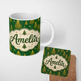 Personalized Custom Name Golden Christmas Trees Forest Green Seamless Pattern Lovely 11oz Ceramic Coffee Tea Mug White Large Handle