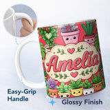 Personalized Custom Name Cute Kawaii Smiling Plant Pots Succulents Leaves Pattern Red Lovely 11oz Ceramic Coffee Tea Mug White Large Handle