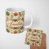 Personalized Custom Name Elegant Christmas Bauble Botanical Berry Festive Seamless Pattern 11oz Ceramic Coffee Tea Mug White Large Handle