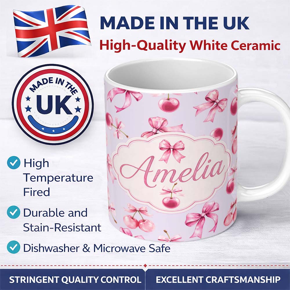 Personalized Custom Name Watercolor Pink Cherry Ribbon Bow Seamless Pattern Pastel Lilac 11oz Ceramic Coffee Tea Mug White Large Handle