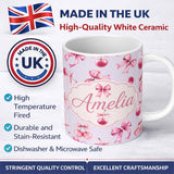 Personalized Custom Name Watercolor Pink Cherry Ribbon Bow Seamless Pattern Pastel Lilac 11oz Ceramic Coffee Tea Mug White Large Handle