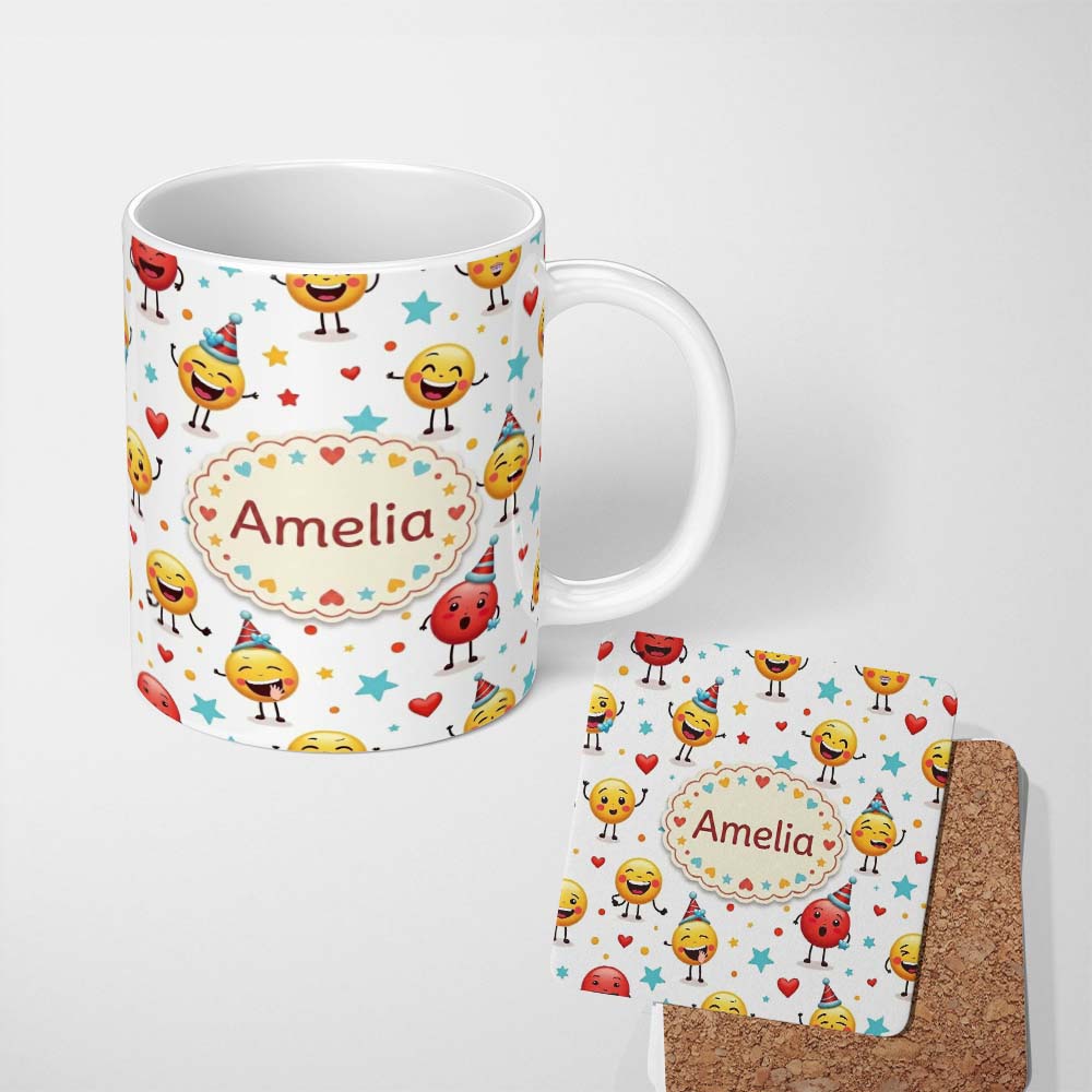 Personalized Custom Name Cute Happy Emoji Faces Party Hats Celebration Seamless Pattern 11oz Ceramic Coffee Tea Mug White Large Handle