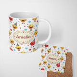 Personalized Custom Name Cute Happy Emoji Faces Party Hats Celebration Seamless Pattern 11oz Ceramic Coffee Tea Mug White Large Handle