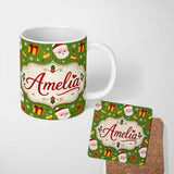 Personalized Custom Name Cute Santa Face Gift Drum Gingerbread Seamless Pattern Festive Xmas 11oz Ceramic Coffee Tea Mug White Large Handle