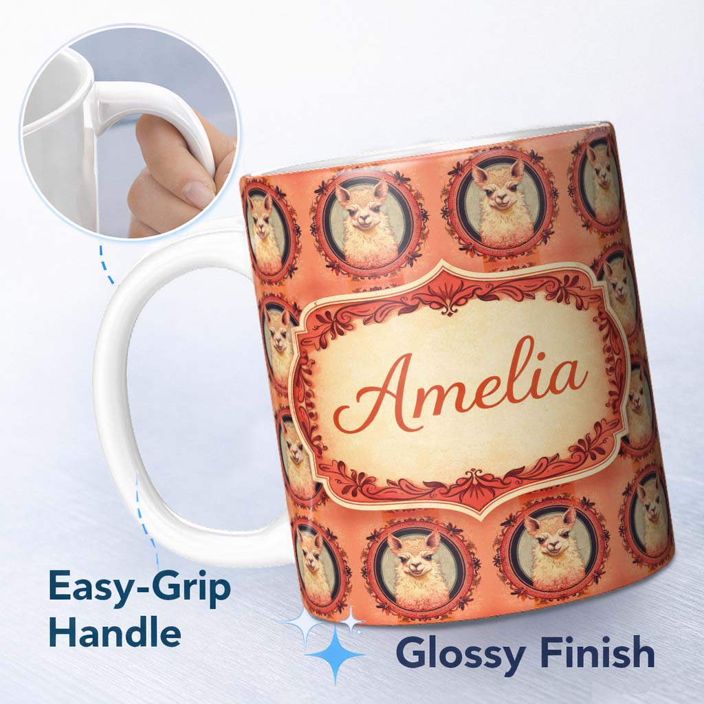 Personalized Custom Name Alpaca Portrait Oval Frame Vintage Style Animal Pattern Lovely 11oz Ceramic Coffee Tea Mug White Large Handle