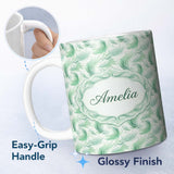 Personalized Custom Name Abstract Mint Green Flowing Feather Swirl Seamless Pattern Lovely 11oz Ceramic Coffee Tea Mug White Large Handle