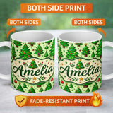 Personalized Custom Name Cartoon Christmas Trees Green Ornaments Cute Holiday Seamless Lovely 11oz Ceramic Coffee Tea Mug White Large Handle