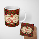 Personalized Custom Name Rich Red Poinsettia on Dark Green Festive Seamless Pattern Lovely 11oz Ceramic Coffee Tea Mug White Large Handle