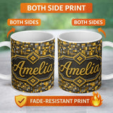 Personalized Custom Name Golden Grey Pixel Mosaic Abstract Seamless Pattern Cute Unique Gift 11oz Ceramic Coffee Tea Mug White Large Handle
