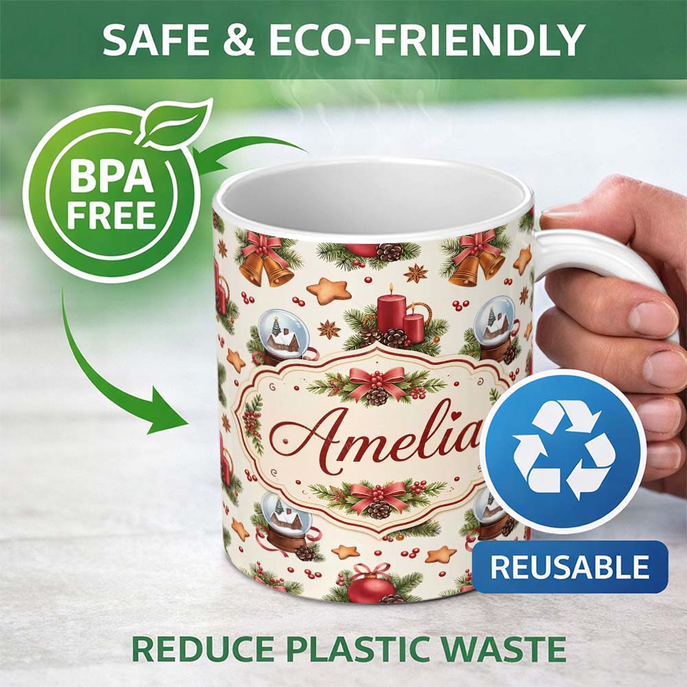 Personalized Custom Name Christmas Bells Candles Snow Globe Gingerbread Seamless Pattern 11oz Ceramic Coffee Tea Mug White Large Handle