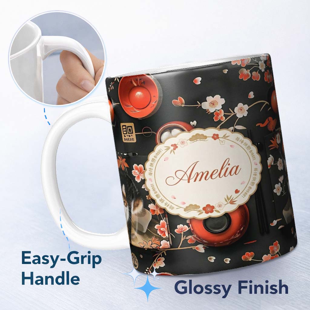 Personalized Custom Name Japanese Dining Table with Cherry Blossoms and Traditional Tableware 11oz Ceramic Coffee Tea Mug White Large Handle