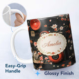 Personalized Custom Name Japanese Dining Table with Cherry Blossoms and Traditional Tableware 11oz Ceramic Coffee Tea Mug White Large Handle