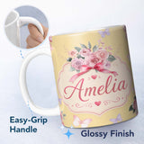 Personalized Custom Name Cute Watercolor Roses Bouquet with Red Ribbon Soft Yellow Background 11oz Ceramic Coffee Tea Mug White Large Handle