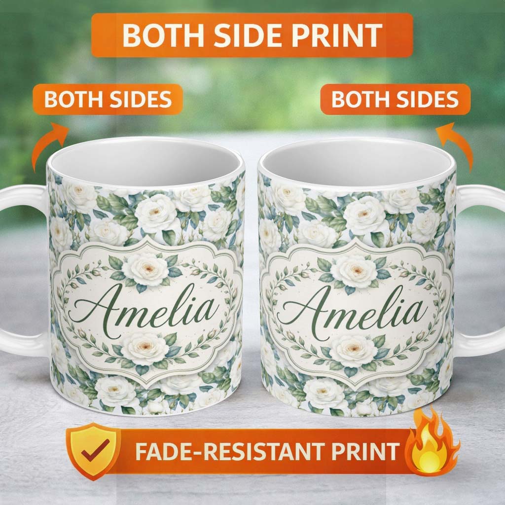 Personalized Custom Name Classic White Rose Bouquet with Blue Green Leaves Seamless Pattern 11oz Ceramic Coffee Tea Mug White Large Handle