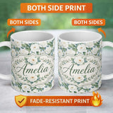 Personalized Custom Name Classic White Rose Bouquet with Blue Green Leaves Seamless Pattern 11oz Ceramic Coffee Tea Mug White Large Handle