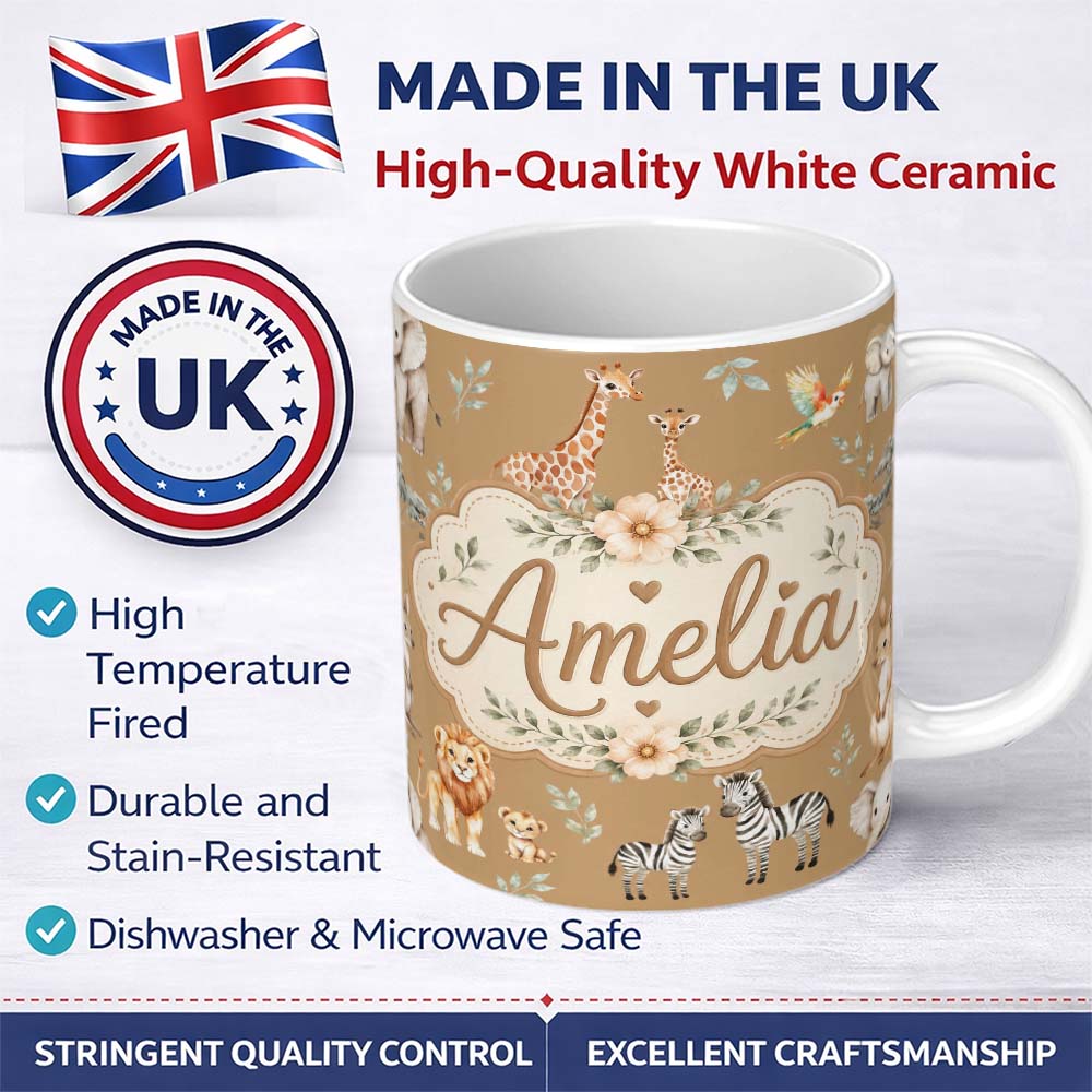 Personalized Custom Name Cute Safari Animals Lion Giraffe Zebra Elephant Pattern Cream Lovely 11oz Ceramic Coffee Tea Mug White Large Handle