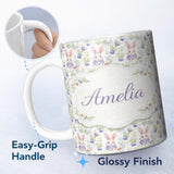 Personalized Custom Name Vibrant Abstract Bunny Portrait Seamless Pattern Cute Unique Gift 11oz Ceramic Coffee Tea Mug White Large Handle