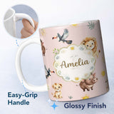 Personalized Custom Name Jungle Animals Lion Meerkat Toucan Boar on Blush Pink Seamless 11oz Ceramic Coffee Tea Mug White Large Handle