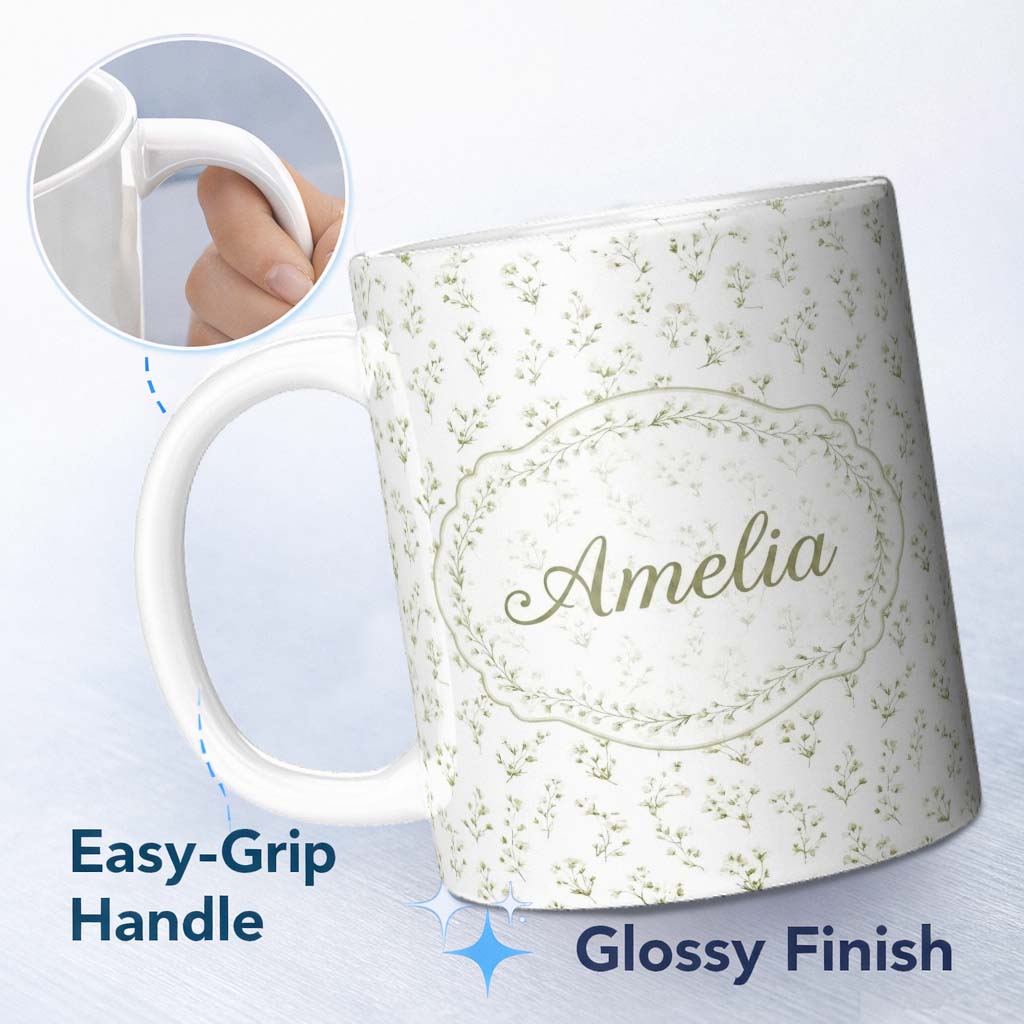 Personalized Custom Name Delicate White Floral Sprig Minimal Seamless Pattern Lovely 11oz Ceramic Coffee Tea Mug White Large Handle