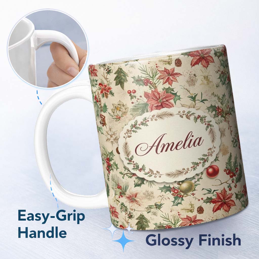 Personalized Custom Name Vintage Christmas Ornaments with Leaves and Berries Seamless Pattern 11oz Ceramic Coffee Tea Mug White Large Handle