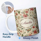 Personalized Custom Name Vintage Christmas Ornaments with Leaves and Berries Seamless Pattern 11oz Ceramic Coffee Tea Mug White Large Handle
