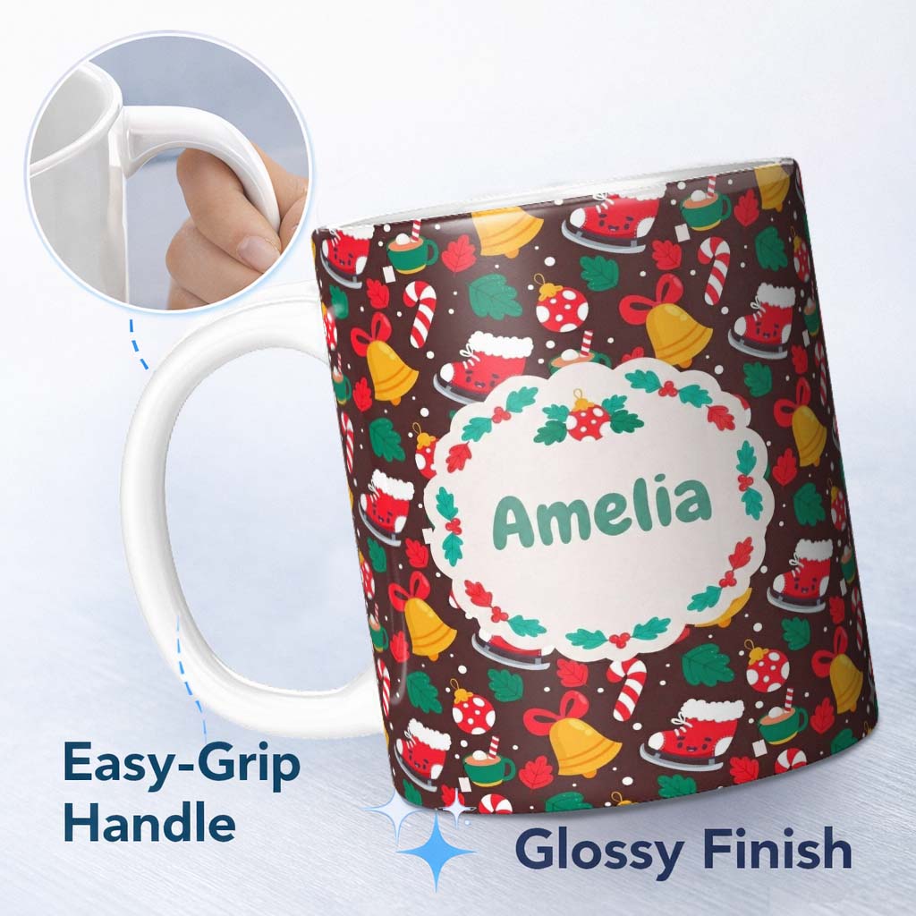 Personalized Custom Name Cute Christmas Bells Skates Candy Cane Seamless Pattern Winter 11oz Ceramic Coffee Tea Mug White Large Handle