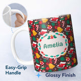 Personalized Custom Name Cute Christmas Bells Skates Candy Cane Seamless Pattern Winter 11oz Ceramic Coffee Tea Mug White Large Handle