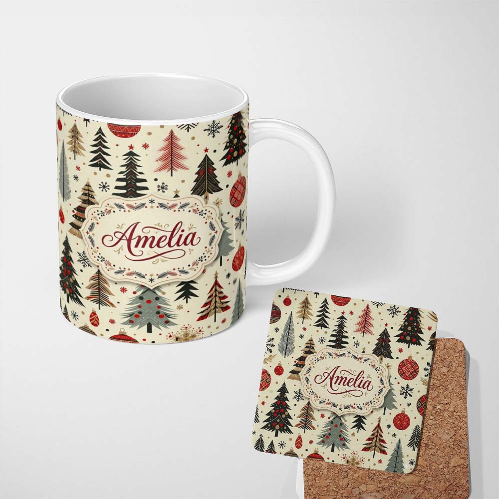 Personalized Custom Name Modern Christmas Trees Minimal Black Gold Red Holiday Seamless 11oz Ceramic Coffee Tea Mug White Large Handle