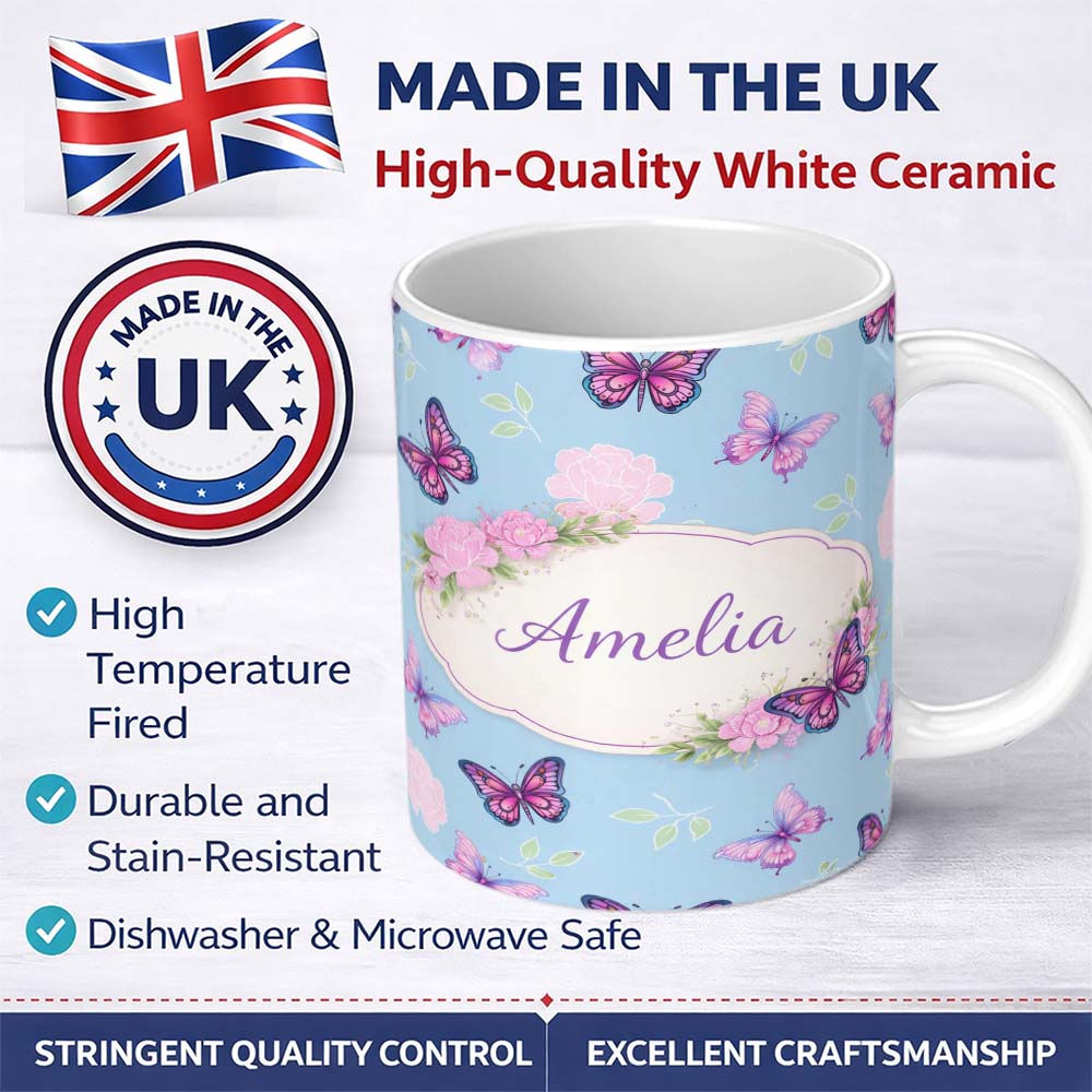 Personalized Custom Name Vibrant Pink Purple Butterflies Sky Blue Seamless Pattern Lovely 11oz Ceramic Coffee Tea Mug White Large Handle